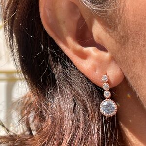 Sterling Silver Rose-tone Polished Round CZ Post Dangle Earrings